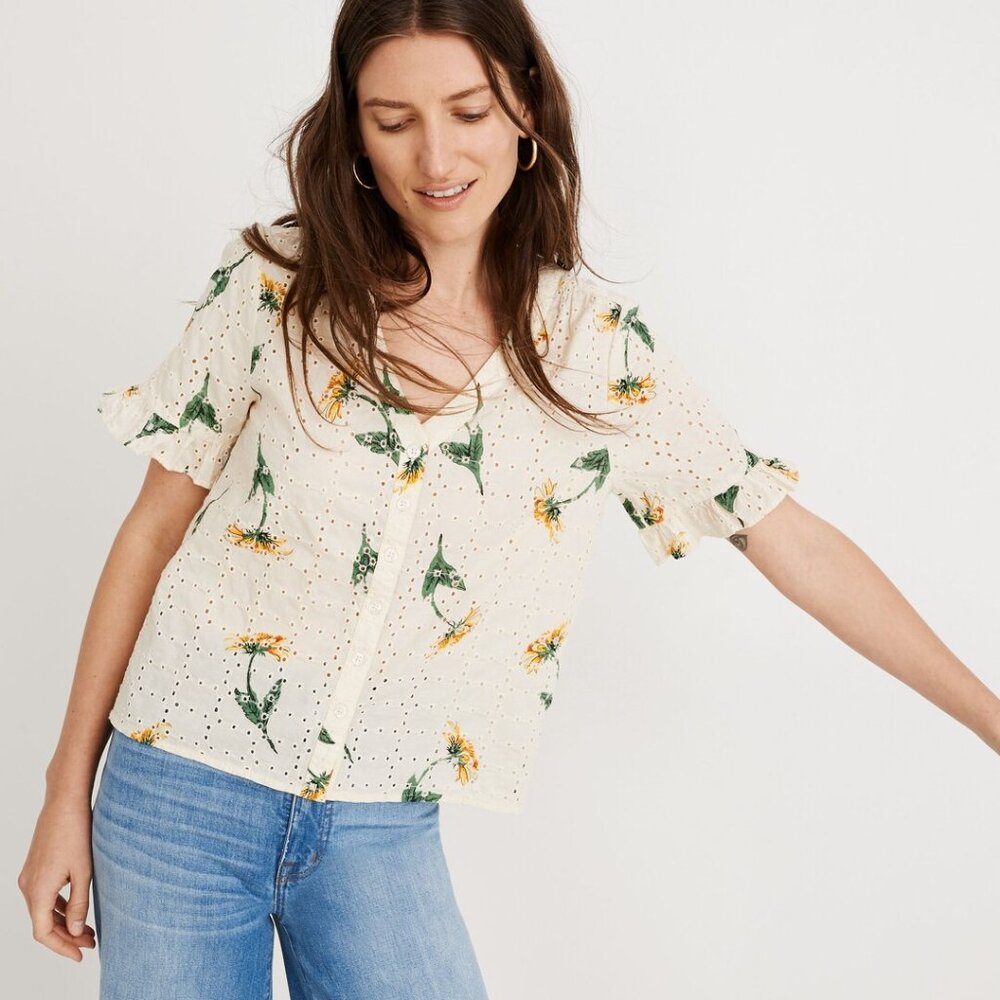 Madewell Eyelet Village Ruffle-Sleeve Shirt in Sunflower Scatter -XS